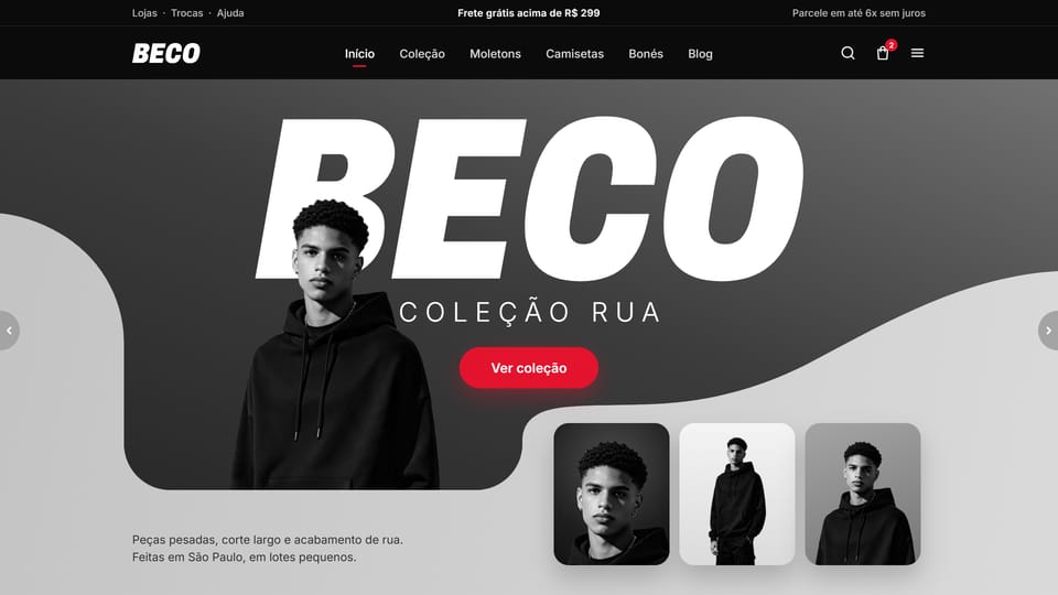 Site de exemplo de uma loja de streetwear: preto e branco com detalhes vermelhos, a palavra BECO e um modelo de moletom com capuz.