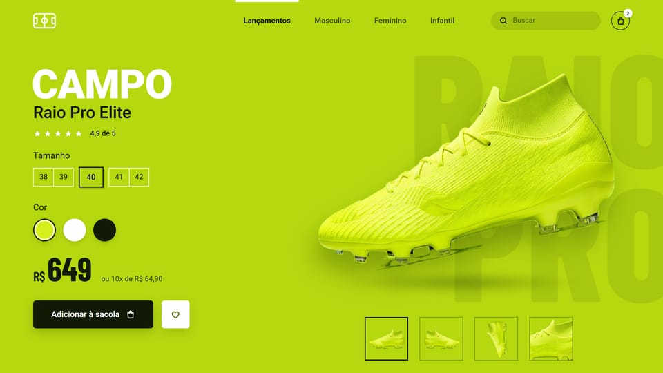 Site de exemplo de uma loja de futebol: tudo em verde-limão, uma chuteira verde-limão, tamanhos, cores, preço e o botão de adicionar à sacola.
