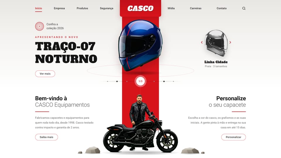 Site de exemplo de uma fábrica de capacetes: página branca com uma faixa vermelha, um capacete azul-marinho e um piloto ao lado da moto.