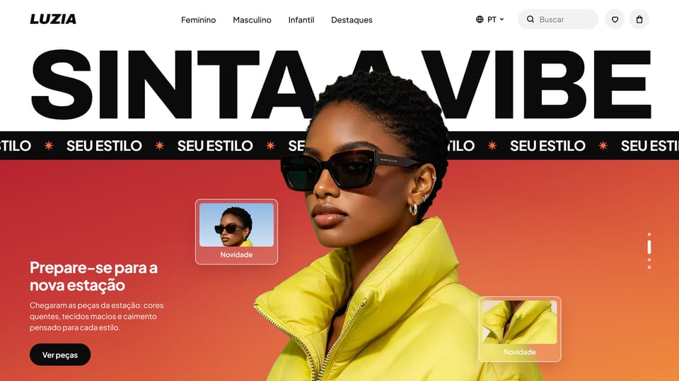 Site de exemplo de uma loja de moda: a frase gigante Sinta a vibe e uma modelo de jaqueta amarela sobre um degradê vermelho e laranja.