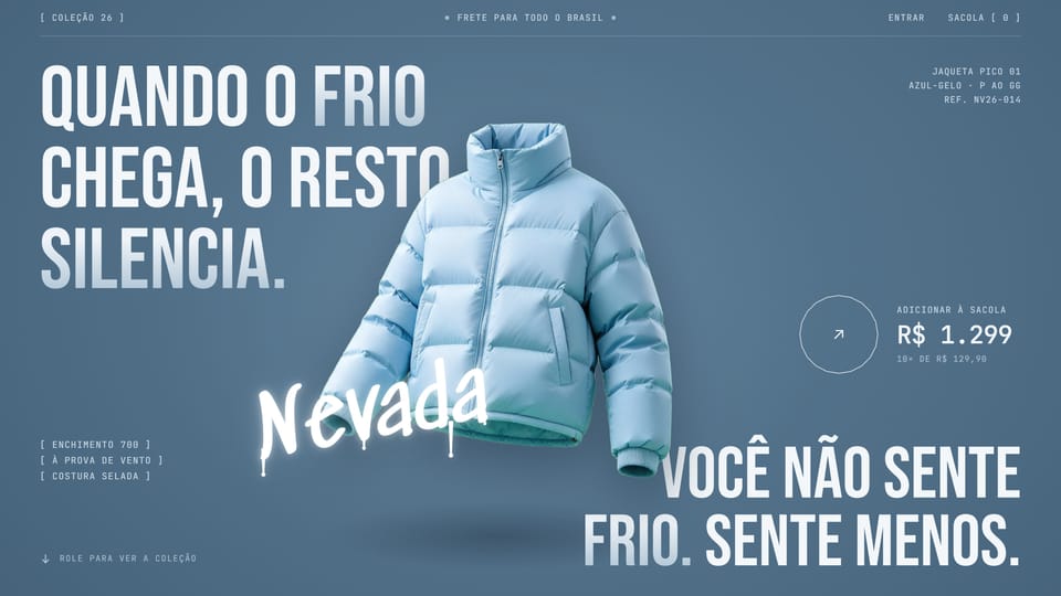 Site de exemplo de uma marca de roupas de inverno: tudo em azul-aço, uma jaqueta puffer azul-gelo flutuando e o preço ao lado.